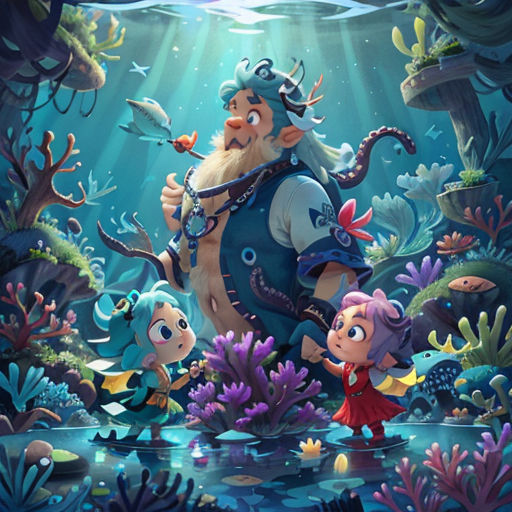 a cartoon character is standing in the water with other characters in the background and a fish in the water
