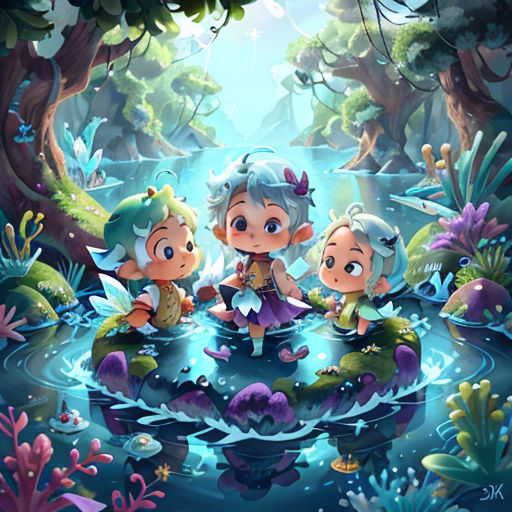 a group of cartoon characters sitting on top of a pond in a forest with a pond and trees in the background