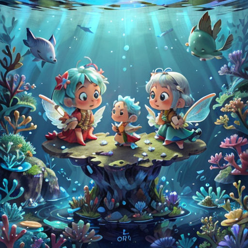 a painting of two little girls sitting on a mushroom in the ocean with fish and corals around them