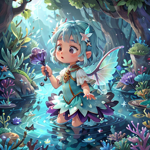 a little girl in a fairy costume standing in a pond of water with a purple flower in her hand