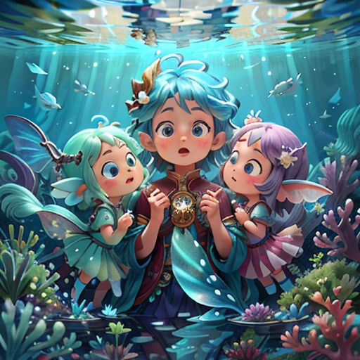 a group of children standing under water with a fish in the background and a fish in the foreground