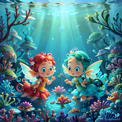 two little girls are sitting on the bottom of a underwater scene with fish and plants, and a fish is swimming in the water