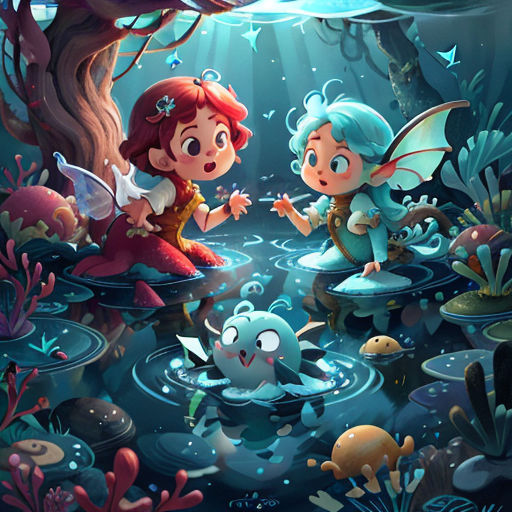 a cartoon scene of two children in a pond surrounded by fish and plants, with a light shining on the water