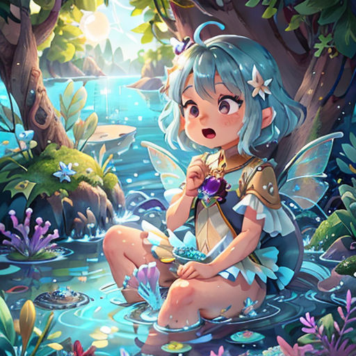 a girl sitting on a lily pad in a pond with a butterfly on her shoulder and a butterfly on her shoulder