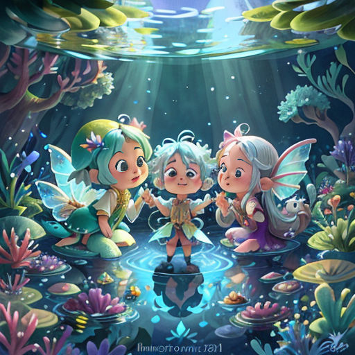 a painting of three little girls in the water with a fish and plants around them, and a fish in the water