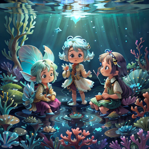 a painting of three children sitting on the ground under water with a starfish in the background and a fish in the water