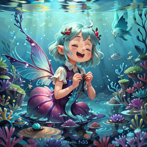 a cartoon girl sitting on the ground in the water with a fish and a fish - eating fish in her hand