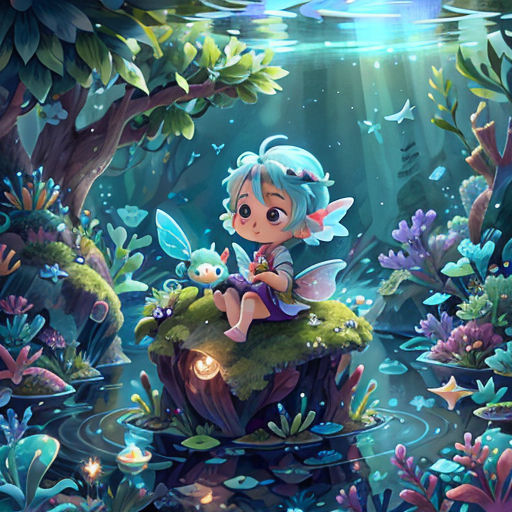 a cartoon fairy sitting on a rock in the middle of a forest with a pond and a fish in it