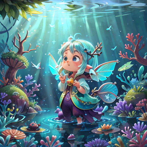 a cartoon fairy with a blue hair and a blue tail standing in a pond surrounded by plants and fish