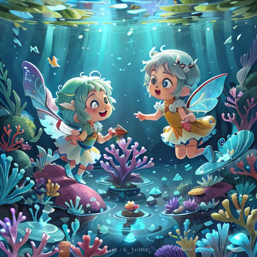 two little girls are playing in the underwater with a fish and a fish - eating fish in the water