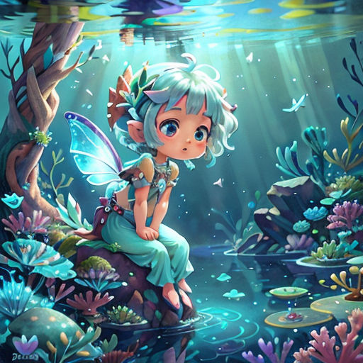 a cartoon fairy sitting on a rock in the water with a fish and a tree in the background,