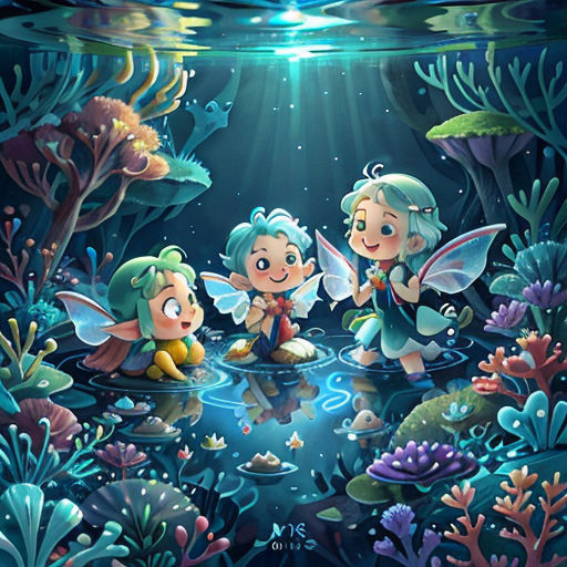 a painting of a group of fairy children in a underwater scene with a light shining on them and a fish