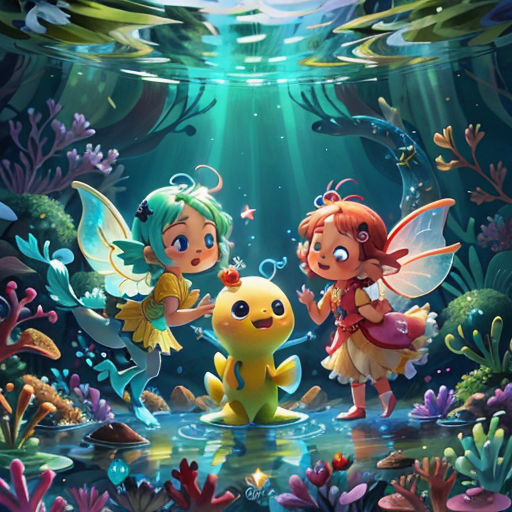 two little girls are standing in the water with a fish and a fish in their hands, and a fish is swimming in the water