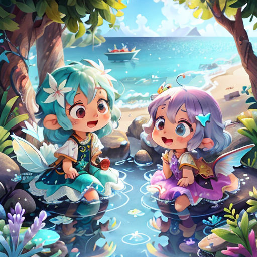 two little girls sitting on the rocks near the water and a boat in the background, with a blue sky and white clouds