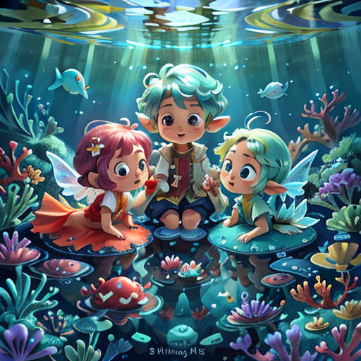 a painting of a couple of kids sitting on a table under water with fish and plants around them, under a blue sky