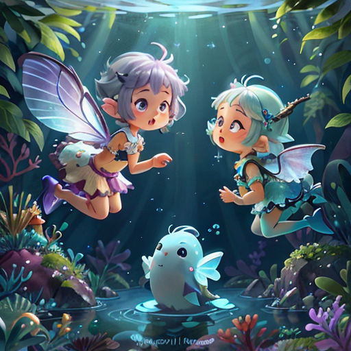 two little girls are floating in the water with fish and plants around them, and one girl is holding a fish