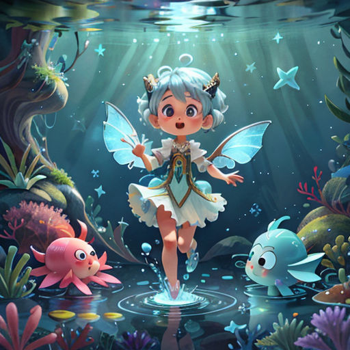 a little girl in a fairy costume standing in the water with fish and plants around her, with a fish and a fish