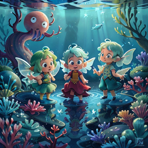 a painting of two children in a underwater scene with an octopus and a girl in a red dress and a man in a green suit