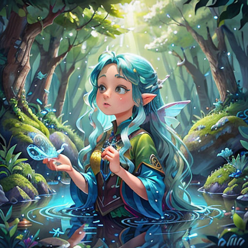 a girl with blue hair and a green dress holding a crystal ball in a forest with a pond of water