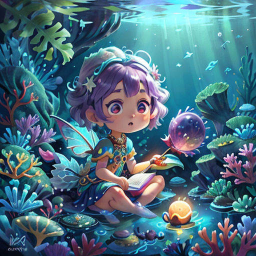 a girl sitting on the ground in front of a seaweed and corals with a book in her hand