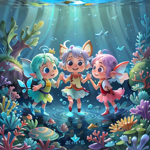 a cartoon scene of three little girls in the underwater with a fish and a turtle on the bottom of the picture