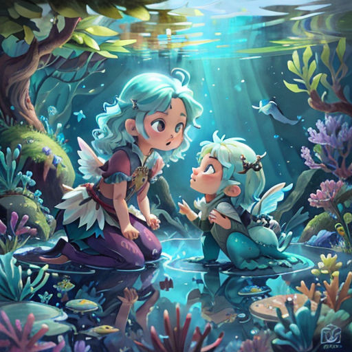 two children are sitting on the ground in the water with a fish and plants around them, and a fish is swimming in the water