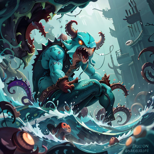 a monster with a big mouth and a huge mouth on his chest in the water with other monsters around him