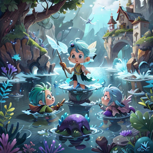 a cartoon character is standing in the water with other characters in the background and a castle in the background