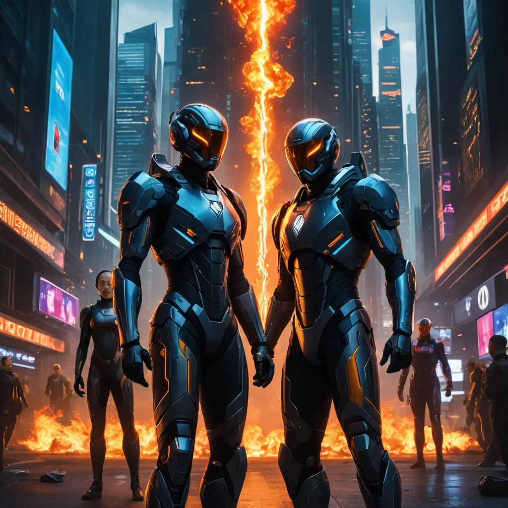 two sci - filthmen standing in a city street with flames coming out of their chests and buildings, futurism, poster art, Eve Ryder, key art