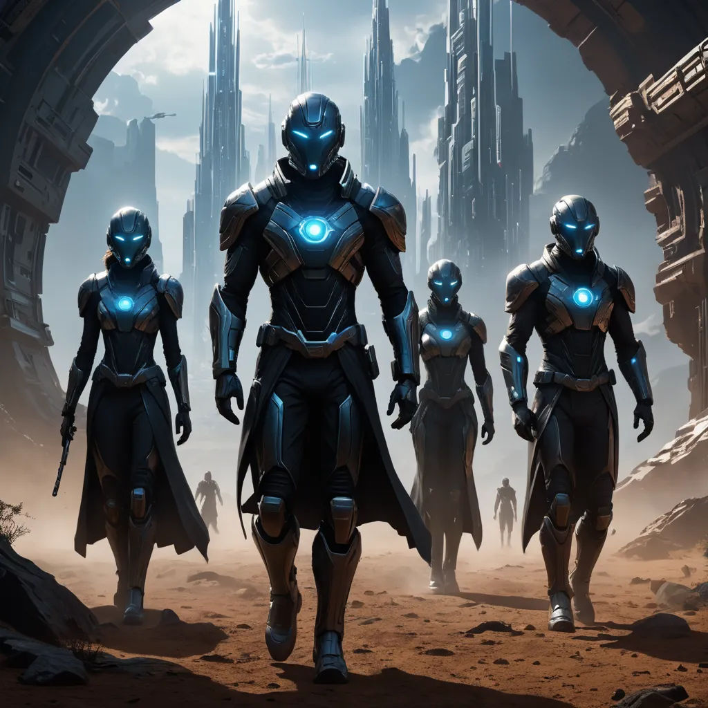 a group of sci - filthmen walking through a tunnel in a desert area with a sky background, antipodeans, concept art, Clint Cearley, mass effect