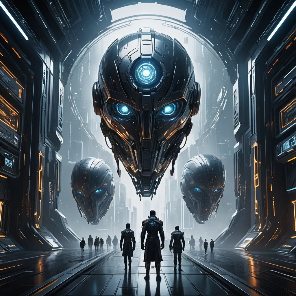 a group of people walking through a tunnel with a robot head on it's face and two men in suits, sots art, cyberpunk art, Cedric Peyravernay, cgstudio