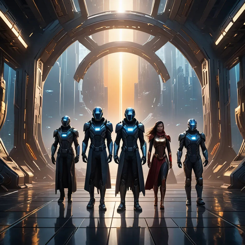 a group of people in sci - fi outfits standing in a sci - fi space station with a bright light, futurism, concept art, Eve Ryder, unreal 5