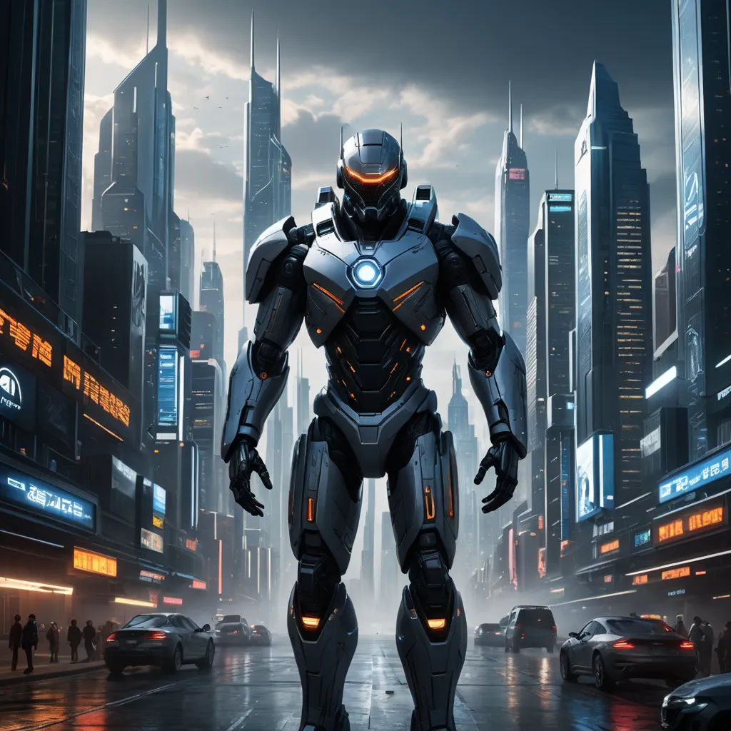 a robot standing in a city with a lot of traffic in the background and a man in the foreground, futurism, concept art, Eve Ryder, mecha