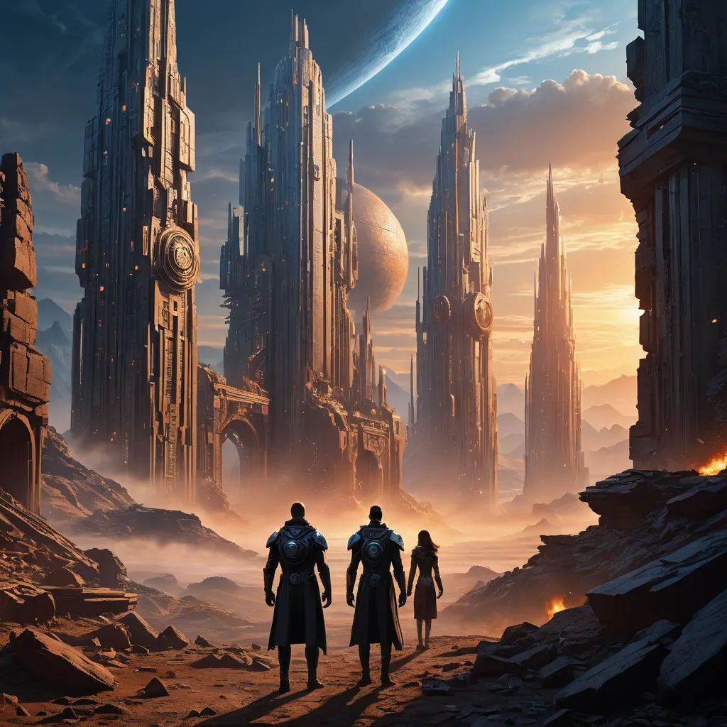 a group of people standing on top of a desert covered hillside next to a giant city with tall buildings, fantasy art, a detailed matte painting, Cedric Peyravernay, unreal 5