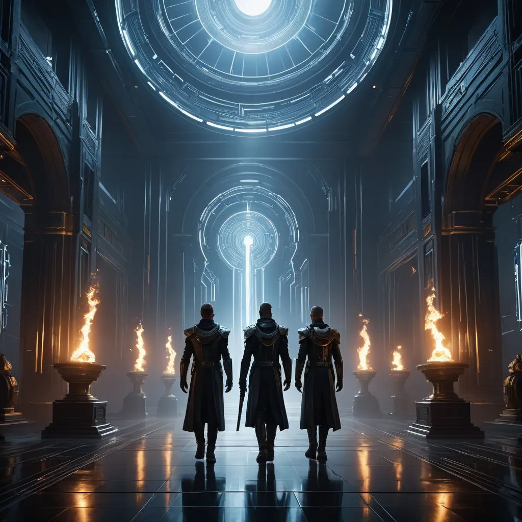 a group of people standing in a room with fire coming out of the ceiling and a light coming from the ceiling, renaissance, a screenshot, Cedric Peyravernay, unreal engine 5