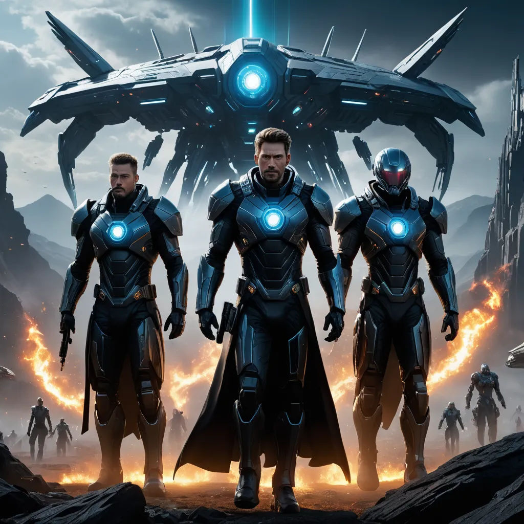 a group of men standing next to each other in front of a giant alien ship with glowing eyes and armor, antipodeans, a poster, Avgust Černigoj, key art