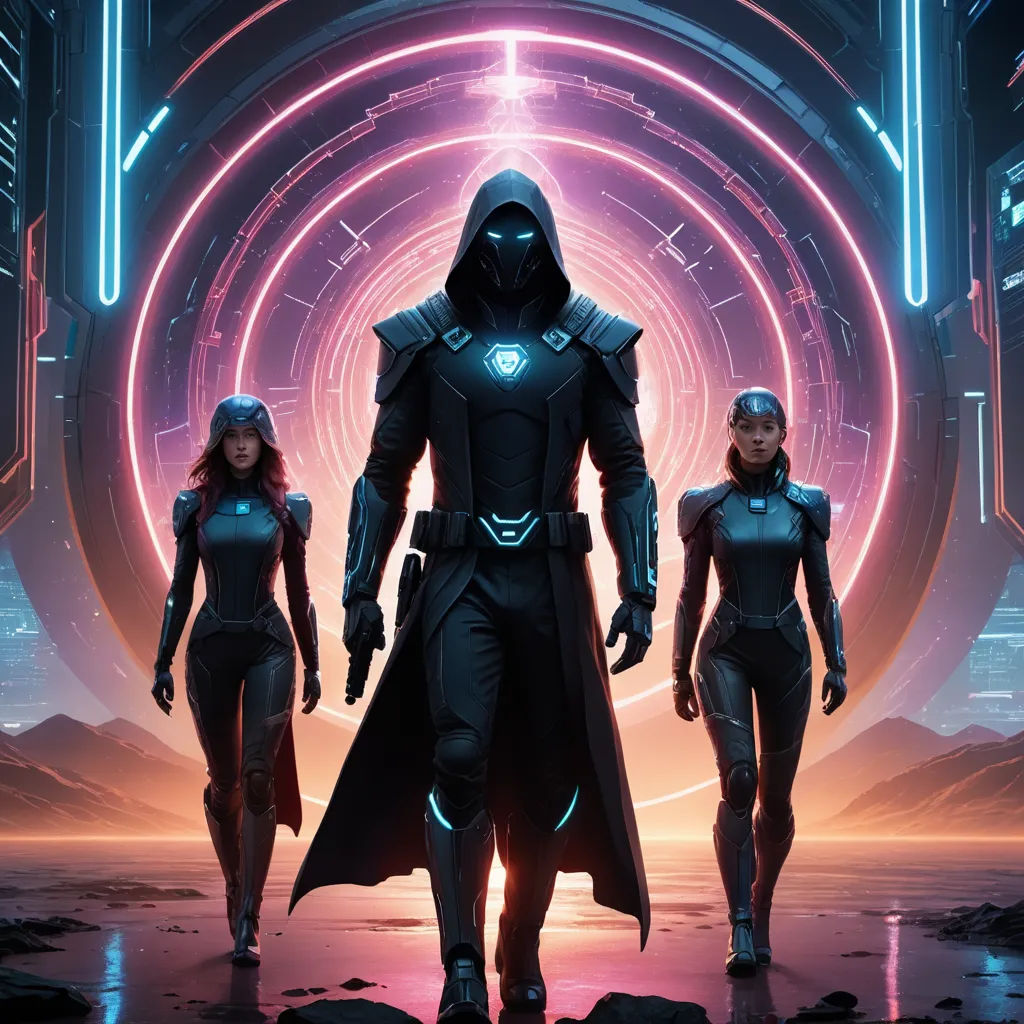a group of people in futuristic suits standing in front of a neon tunnel with a neon light in the background, antipodeans, concept art, Eve Ryder, mass effect