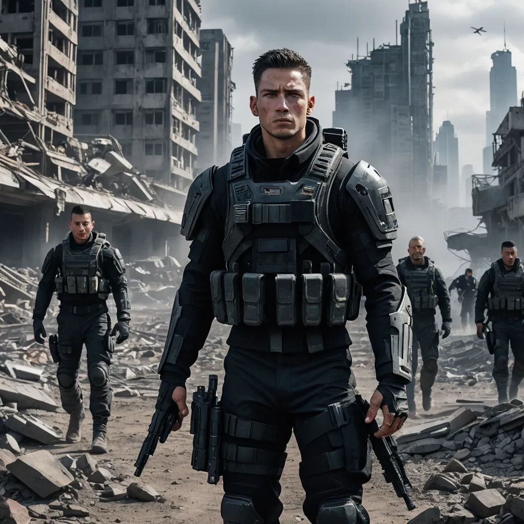 a group of men in military gear walking through a destroyed city with buildings in the background and a man holding a gun, antipodeans, a detailed matte painting, Avgust Černigoj, movie still