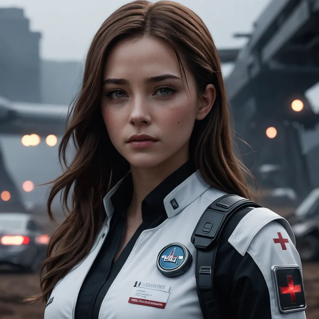 a woman in a uniform standing in front of a plane at night time with a red cross on her chest, photorealism, computer graphics, Eve Ryder, cgstudio