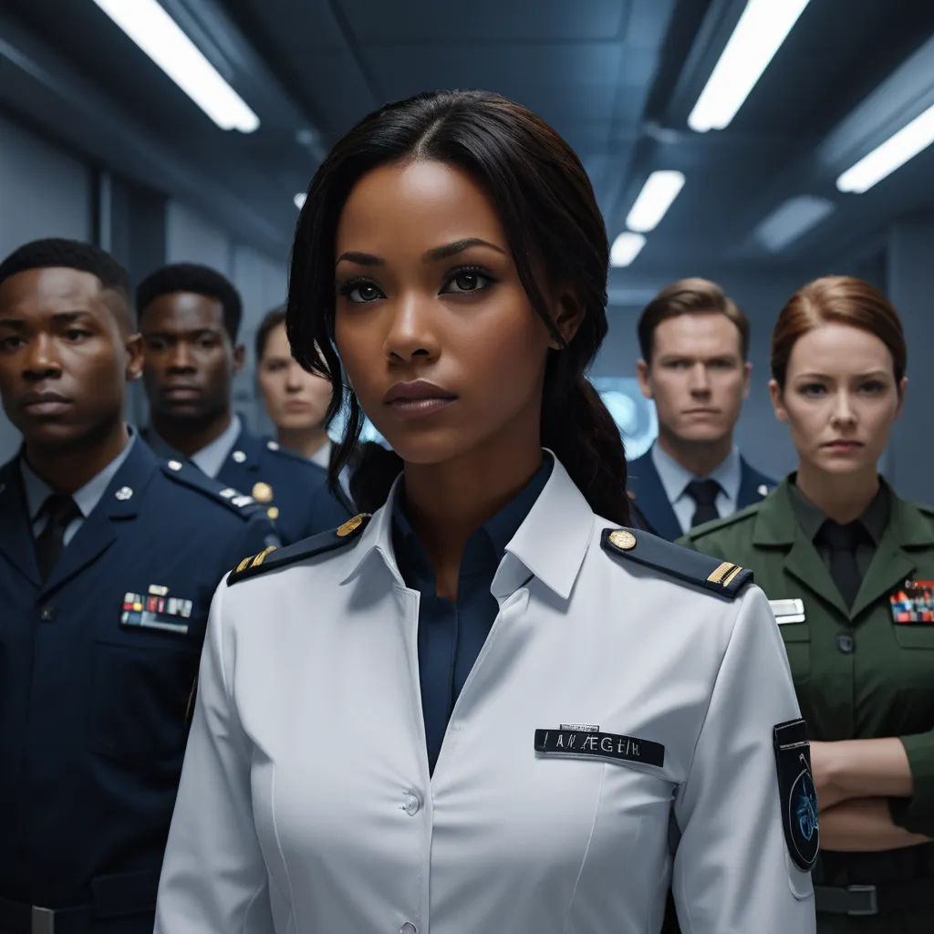 a woman in a uniform standing in front of a group of men in uniform in a hallway with lights on, afrofuturism, a poster, Daphne Allen, promotional image