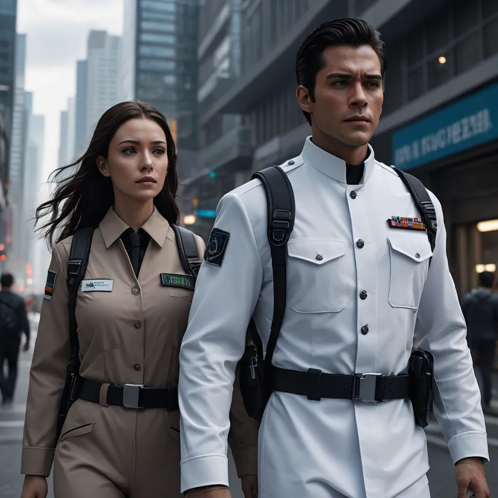 a man and a woman in uniform walking down a street in a city with tall buildings in the background, futurism, a character portrait, David Park, promotional image