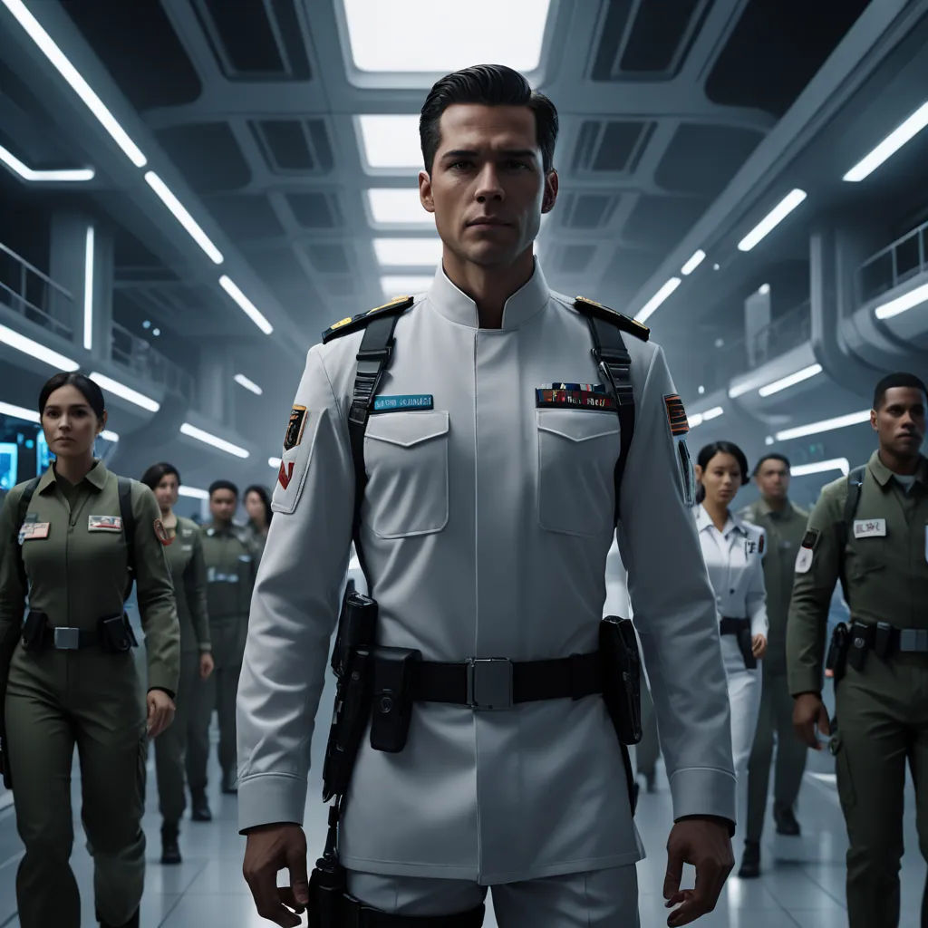 a man in uniform walking through a hallway with other people in uniform behind him and a woman in a white dress, neo-figurative, computer graphics, David Park, promotional image