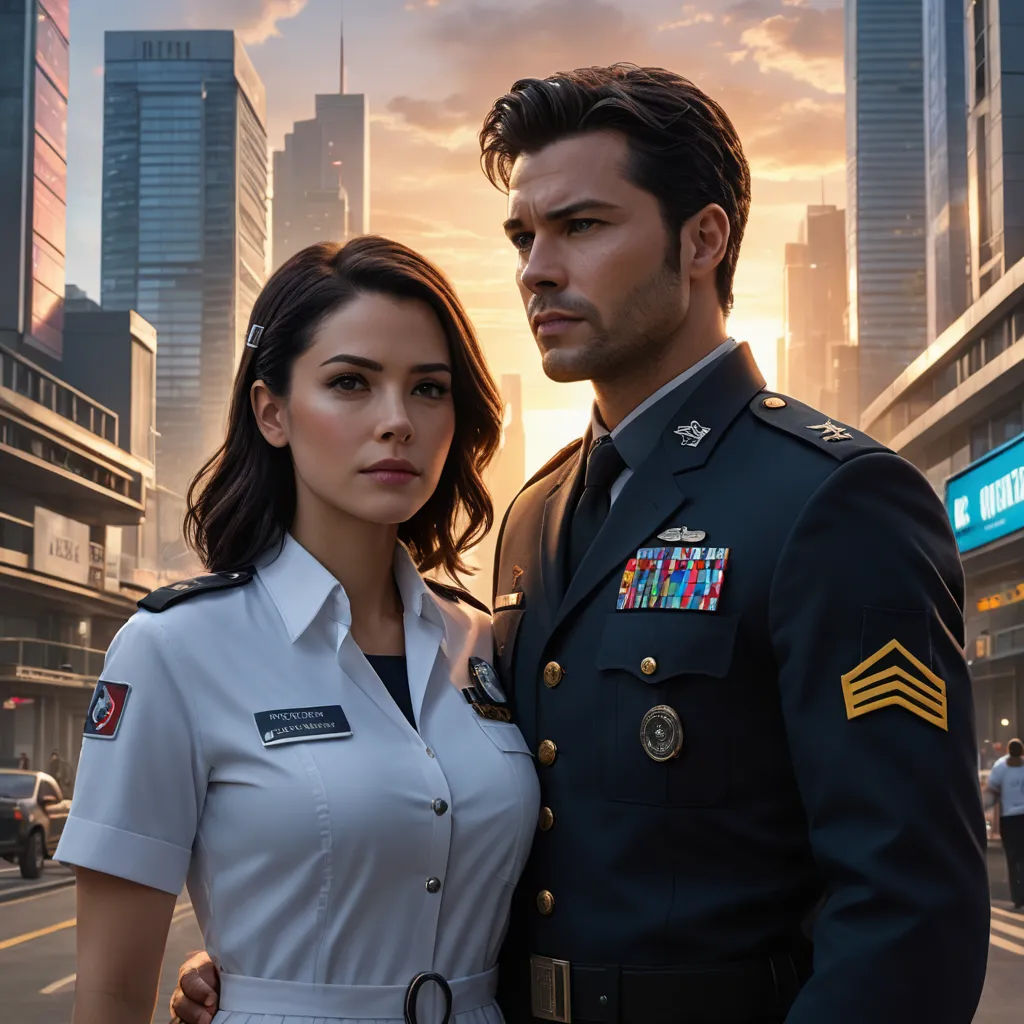 a man and a woman in military uniforms standing in front of a cityscape at sunset with a sunset in the background, futurism, a detailed matte painting, David Park, promotional image