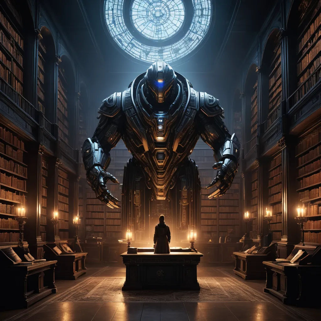 a man standing in a library with a giant robot in the middle of it's room, surrounded by bookshelves, fantasy art, a computer rendering, Clint Cearley, unreal engine render