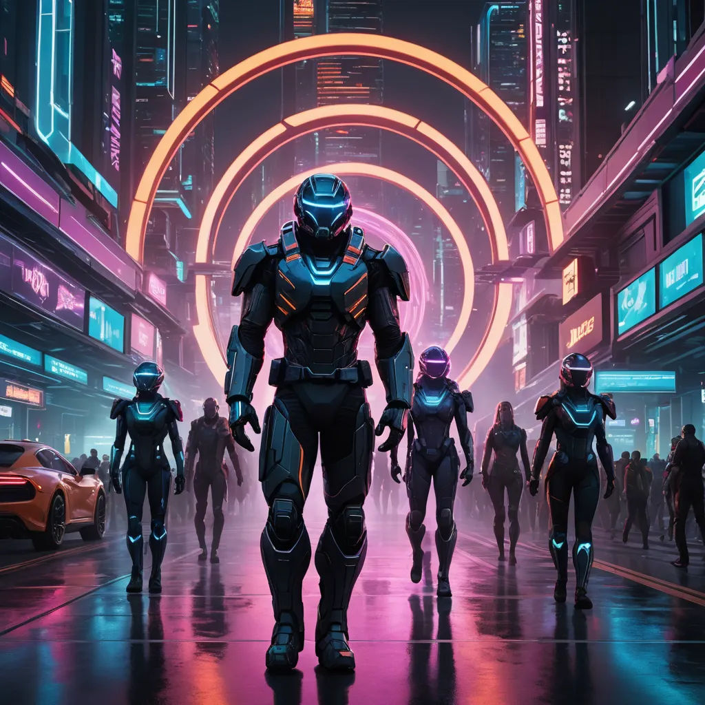 a group of people walking down a street in a futuristic city at night with neon lights and neon signs, retrofuturism, poster art, Eve Ryder, key art