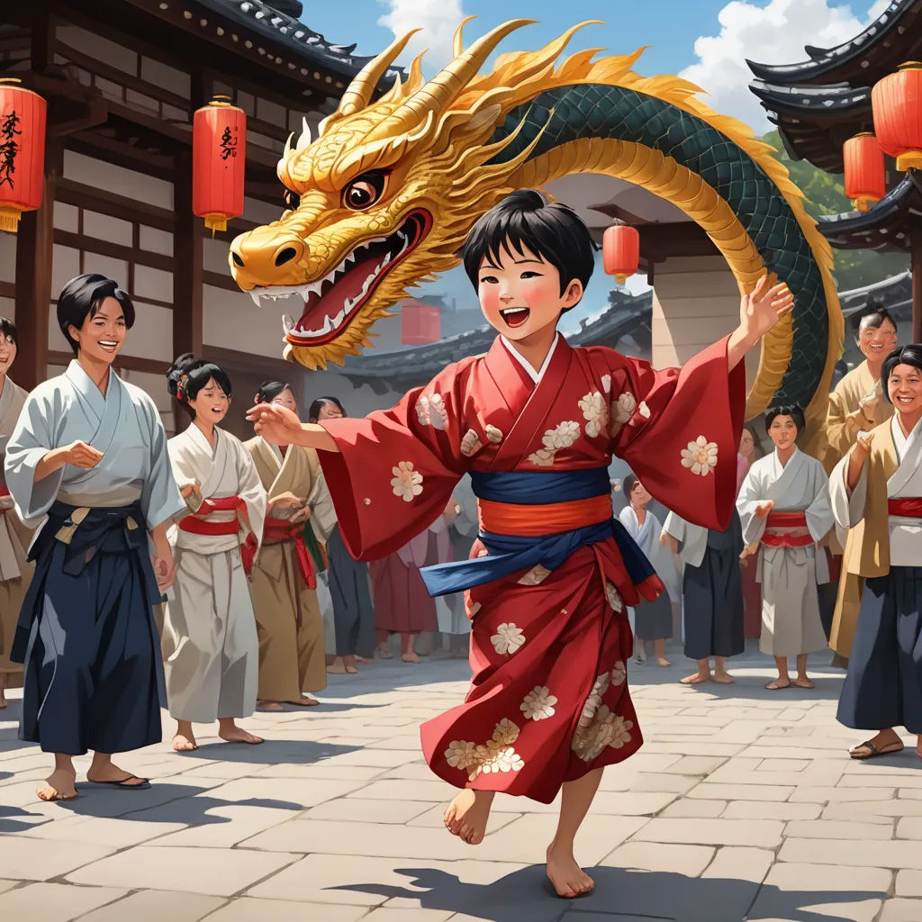a boy in a kimono dancing with a dragon on his back and other people in the background watching, fantasy art, a storybook illustration, Clint Cearley, official art