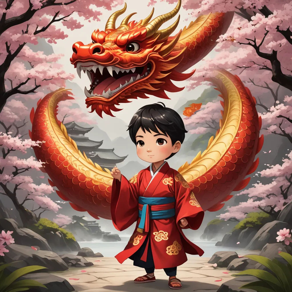 a boy in a red kimono standing in front of a dragon statue with a red flowered tree in the background, fantasy art, a character portrait, Du Jin, game art