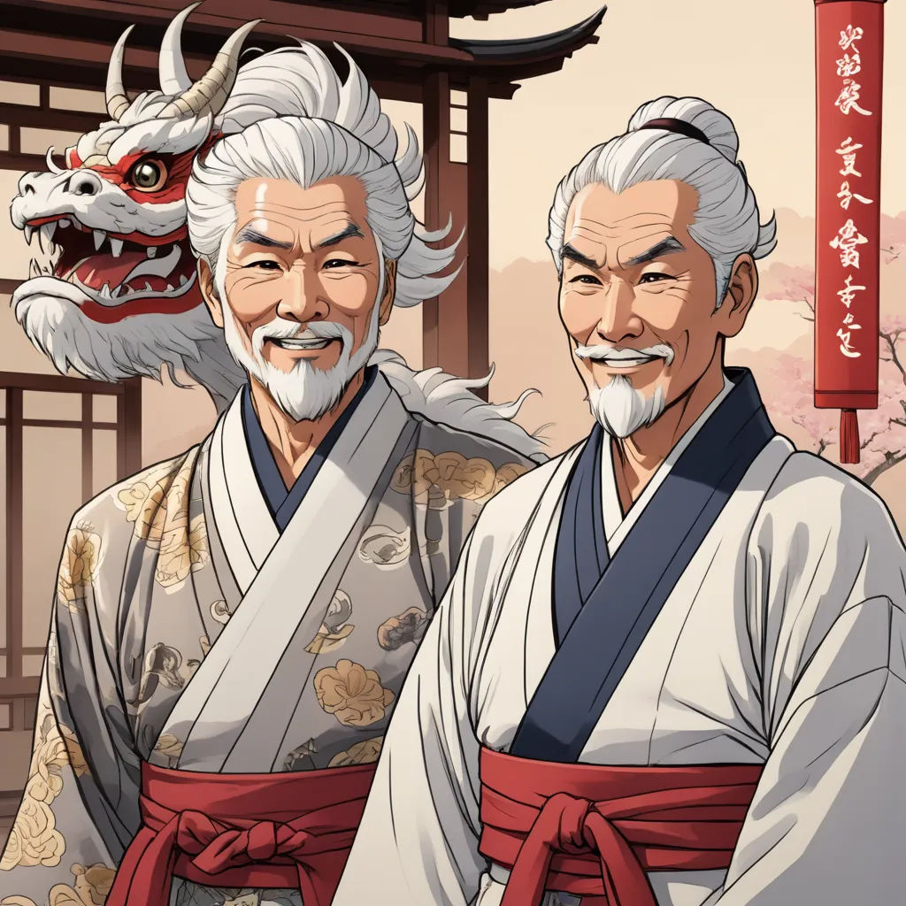 two asian men with white hair and beards standing next to each other in front of a dragon and a building, ukiyo-e, a character portrait, Baiōken Eishun, rossdraws global illumination