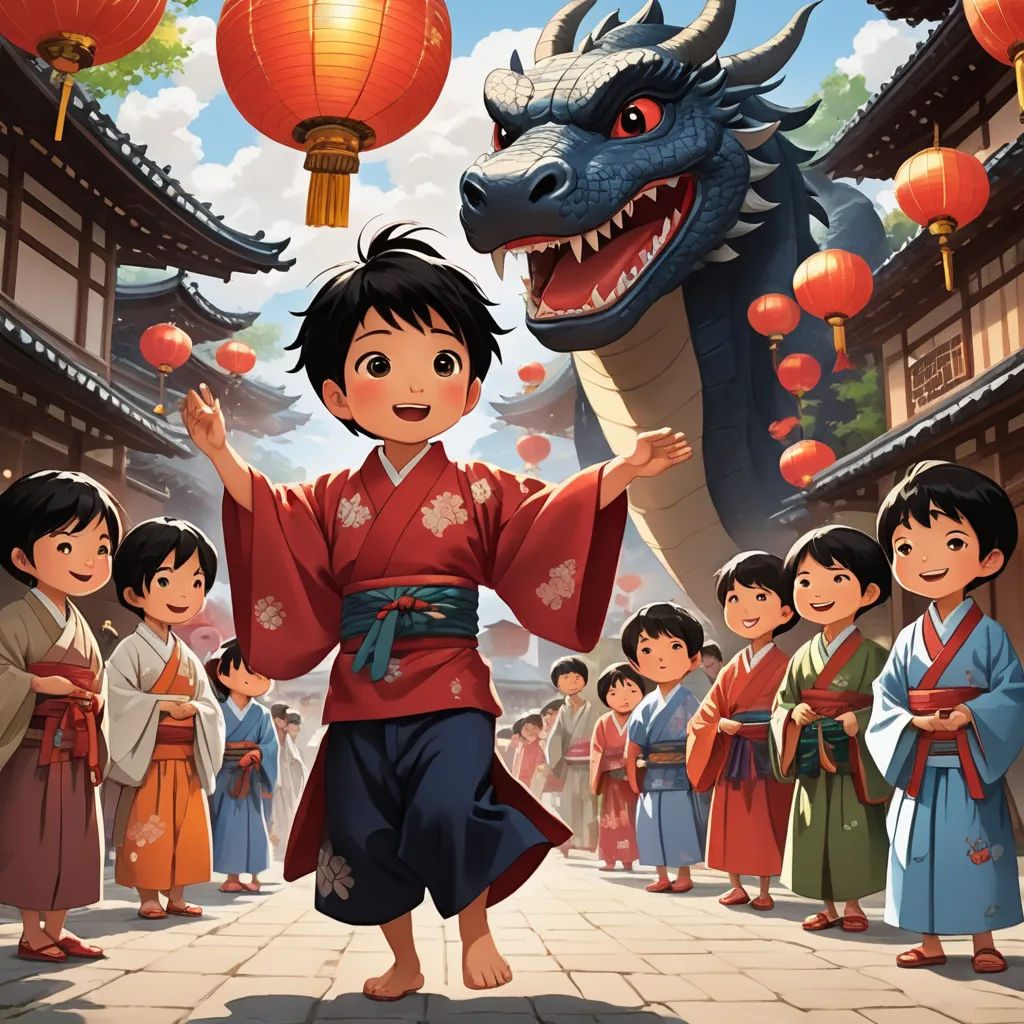 a boy in a kimono standing in front of a dragon and other people in a courtyard with lanterns, sots art, a storybook illustration, Diego Gisbert Llorens, official art
