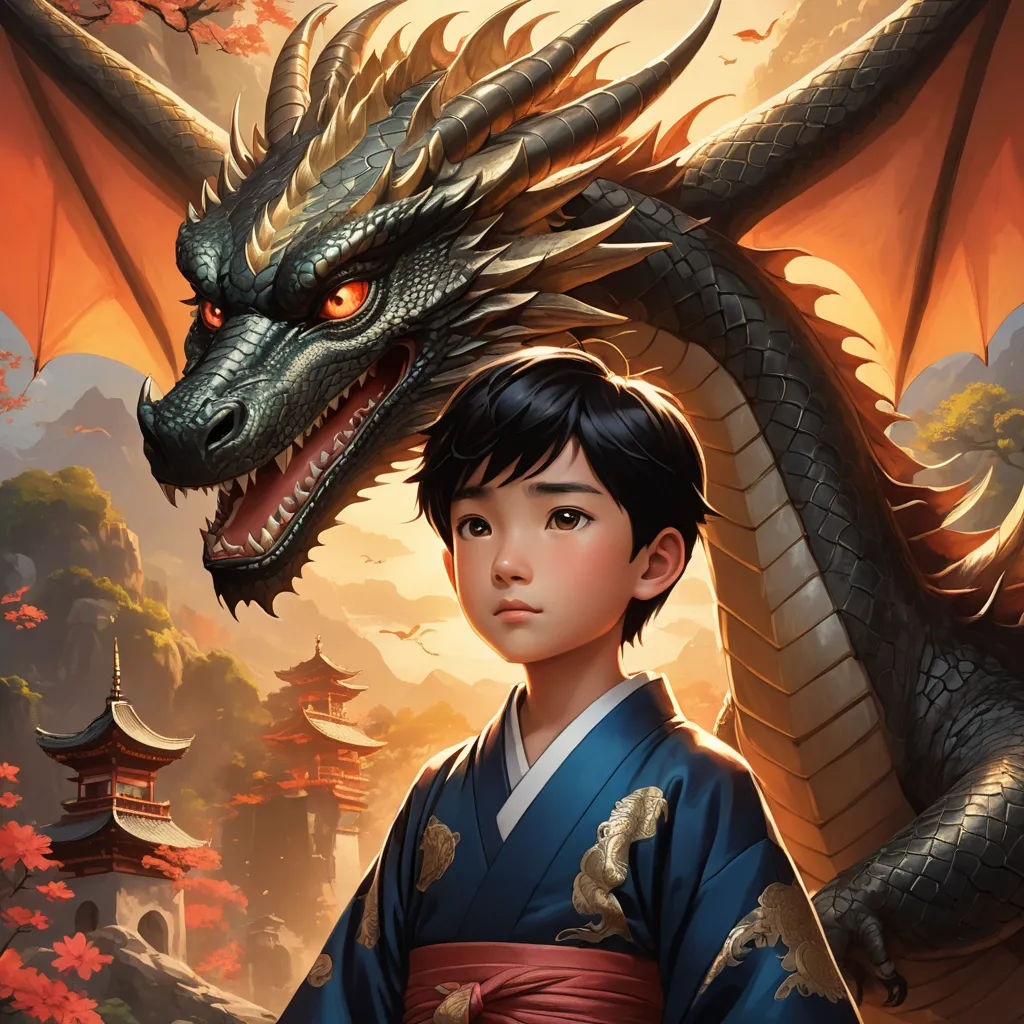 a boy in a kimono and a dragon in the background with a temple in the background and a red sky, fantasy art, a storybook illustration, Drew Struzan, stanley artgerm lau